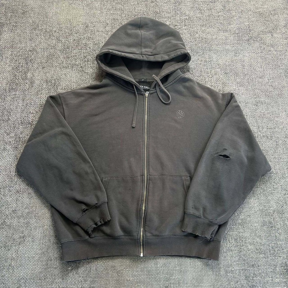 Ninth Hall Fundamentals Zip Hoodie Mens XL Charcoal Grey Distressed Boxy